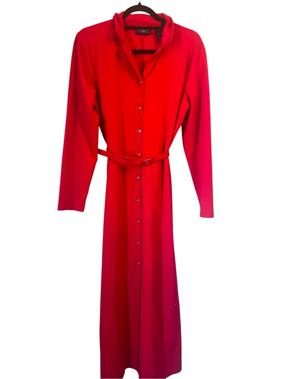 Liz Claiborne Crazy Horse Large Red Jersey Knit Belted Shirt Dress Maxi Long Slv